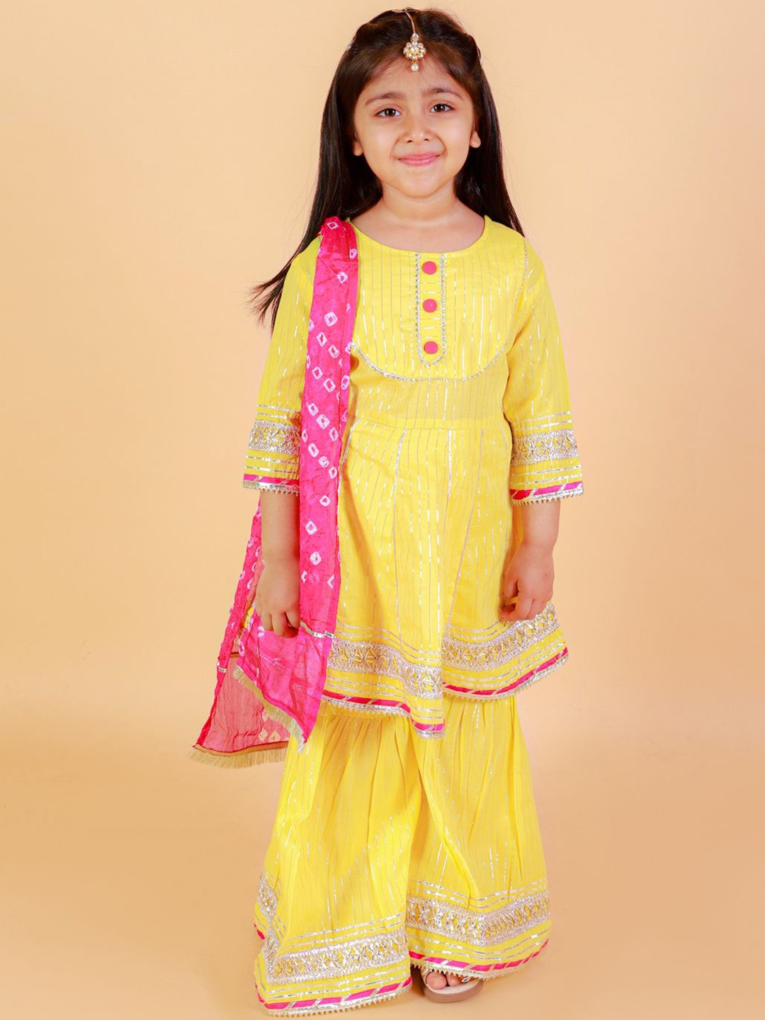 

LITTLE GINNIE Girls Ethnic Motifs Regular Gotta Patti Kurti with Sharara With Dupatta, Yellow