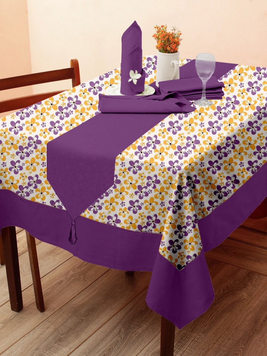 

Lushomes 6-Pcs Purple & Yellow Printed Pure Cotton Table Linen Set