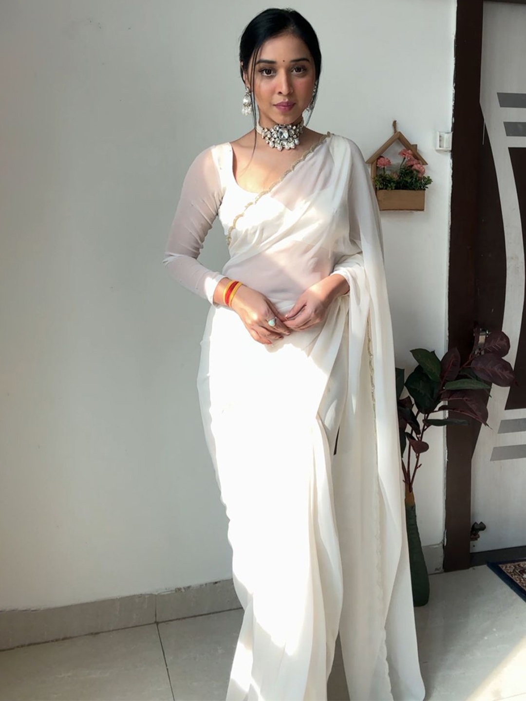 

Jinal & Jinal Embroidered Pure Georgette Designer Saree, White
