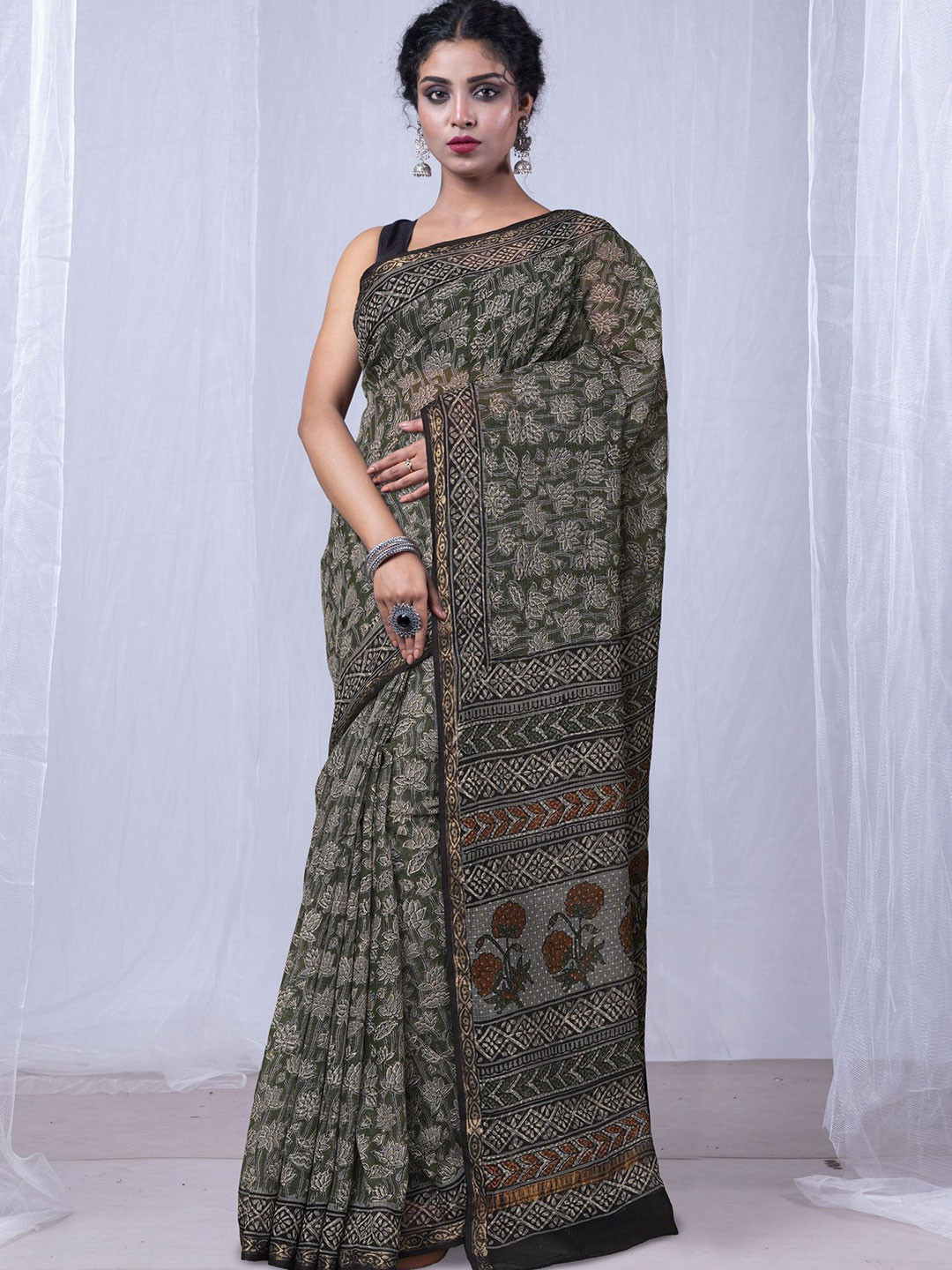 

Unnati Silks Floral Pure Cotton Fusion Kota Saree, Green