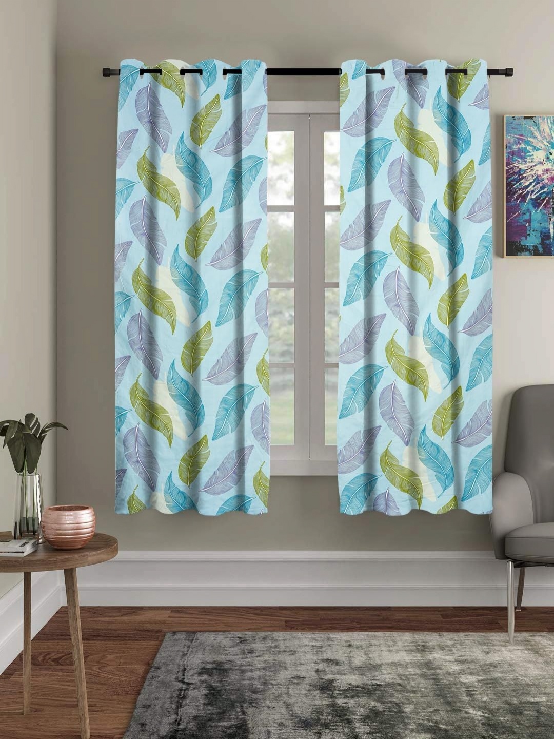 

Myntra Elegant Homes Blue & Green Set of 2 Floral Window Curtains