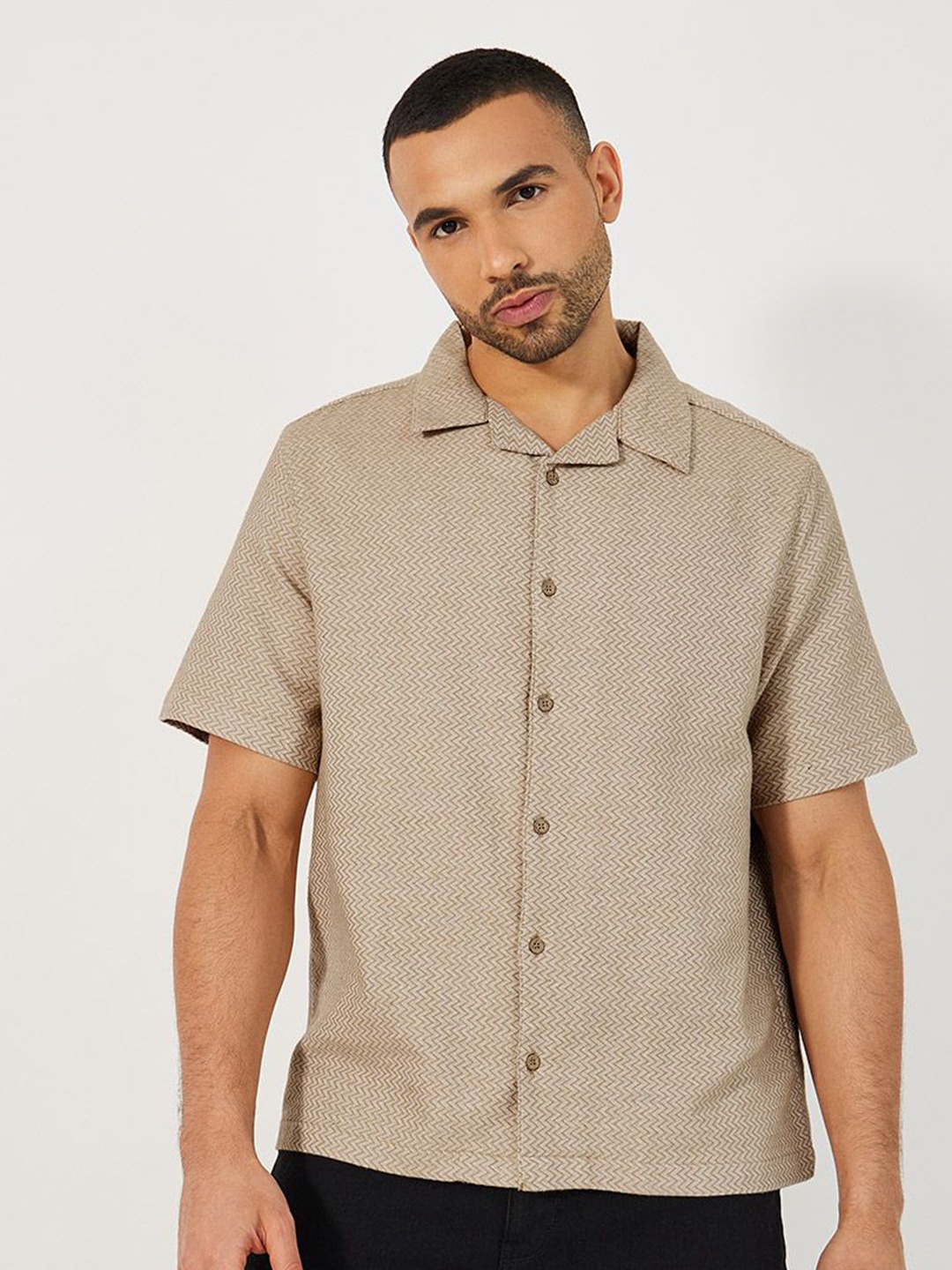 

Styli Relaxed Fit Geometric Self Design Resort Collar Casual Shirt, Beige