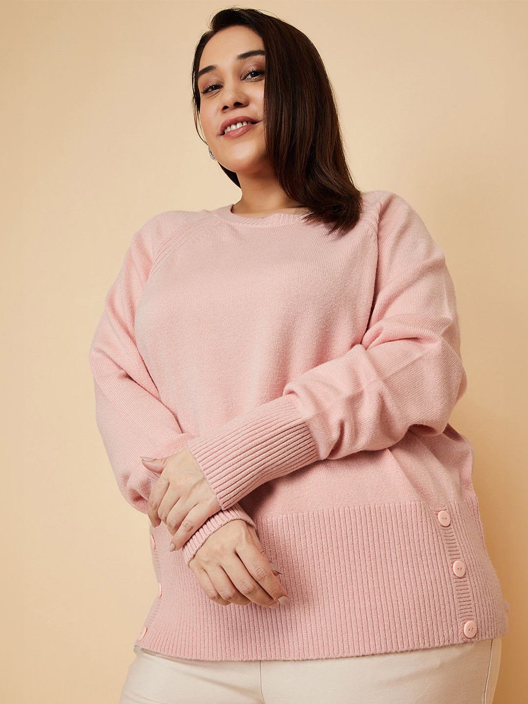 

max Women Plus Size Round Neck Pullover With Button Detailed, Pink