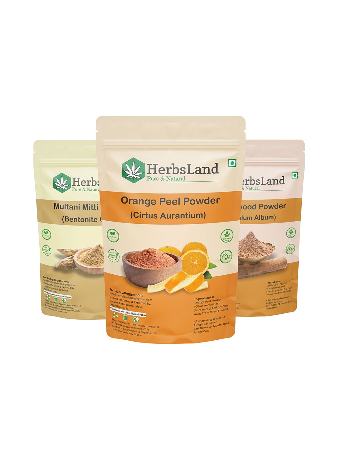 

HerbsLand Set Of 3 Pure & Natural Multani Mitti & Orange Face Pack Powder - 100 Each, Multi