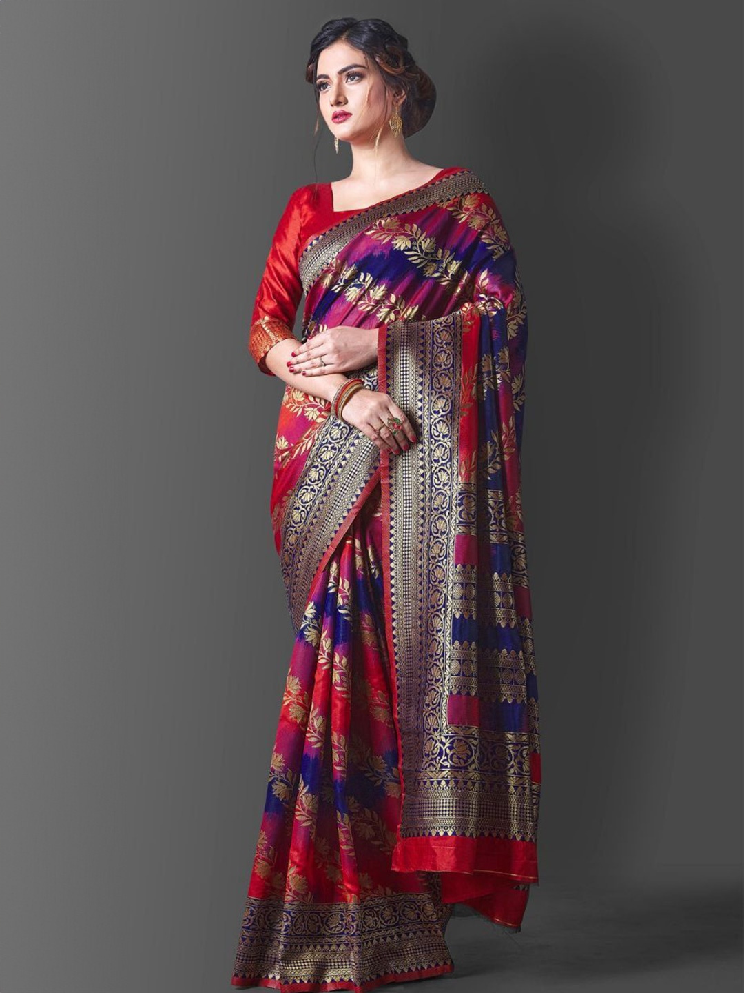 

Jinax Woven Design Zari Pure Silk Banarasi Saree, Red