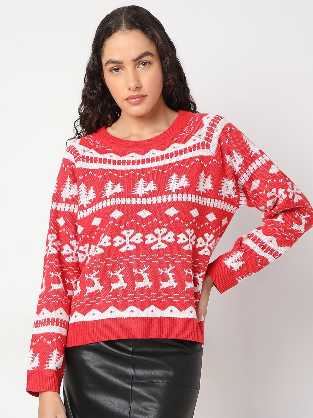 

Vero Moda Women Fair Isle Self Design Pullover, Red