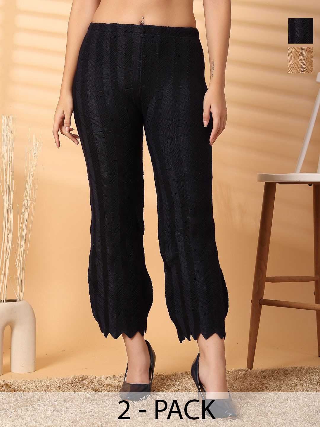 

Clora Creation Women Pack Of 2 Hem Design Knitted Palazzos, Black