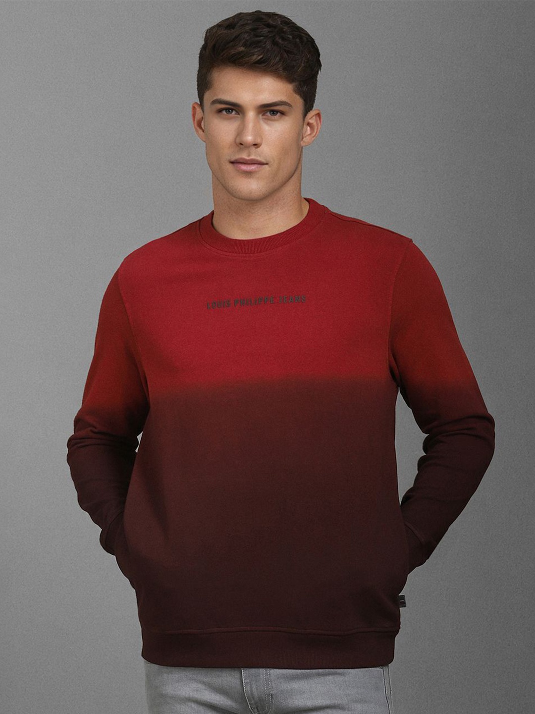 

Louis Philippe Jeans Men Printed Cotton Round Neck Long Sleeves Pullover Sweatshirt, Red
