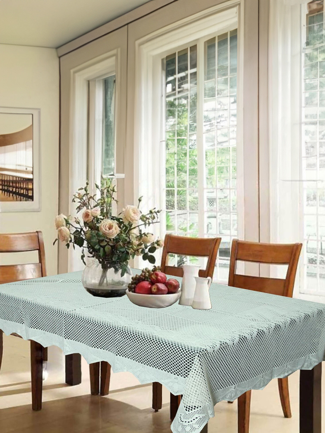 

Kuber Industries White Floral Cotton 6-Seater Table Cover with Embroidered details