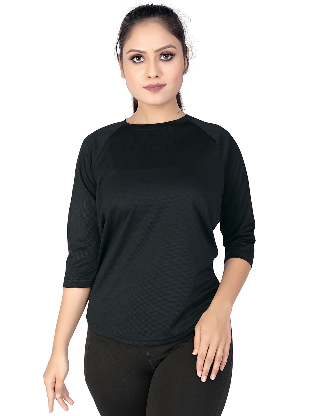 

MYO2 Women Drop-Shoulder Sleeves Cut Outs Slim Fit T-shirt, Black