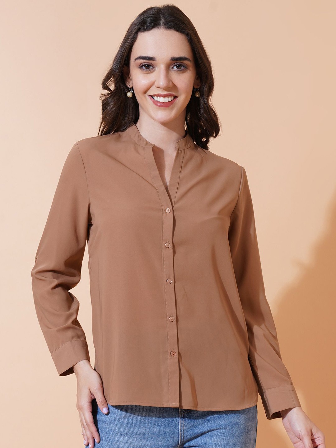 

IX IMPRESSION Mandarin Collar Roll-Up Sleeves Shirt Style Top, Brown