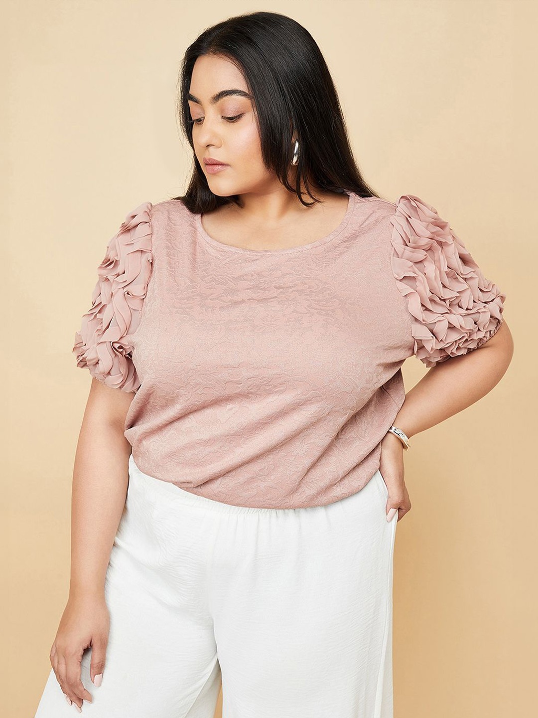 

max Women Plus Size Puff Sleeve Round Neck Top, Pink