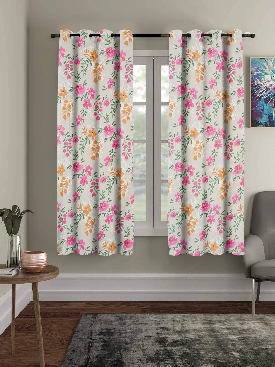 

Myntra Elegant Homes Pink & Off White Set of 2 Floral Window Curtain