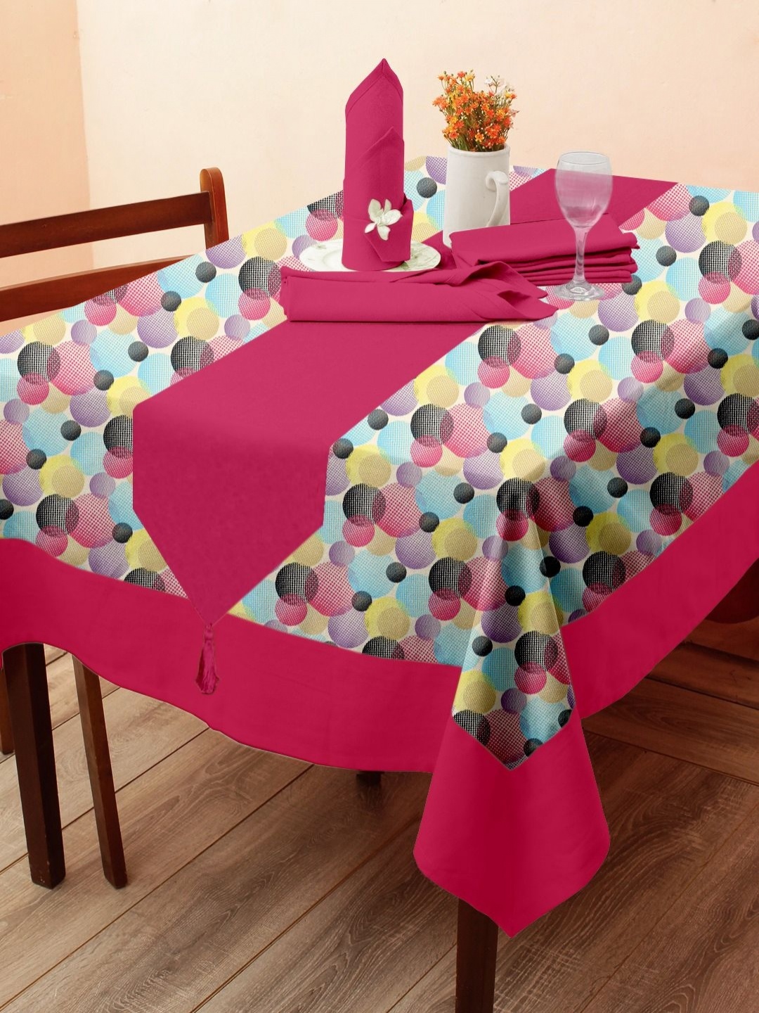 

Lushomes 6-Pcs Pink & Blue Printed Pure Cotton Table Linen Set