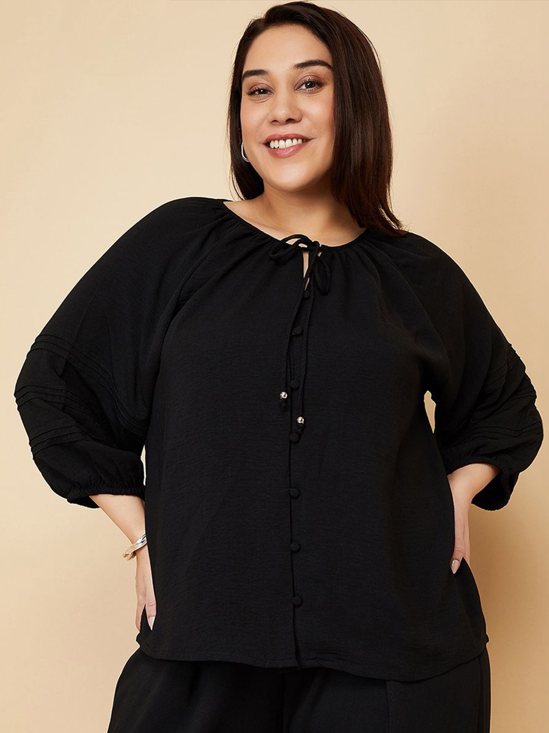 

max Women Plus Size Tie-Up Neck Regular Top, Black