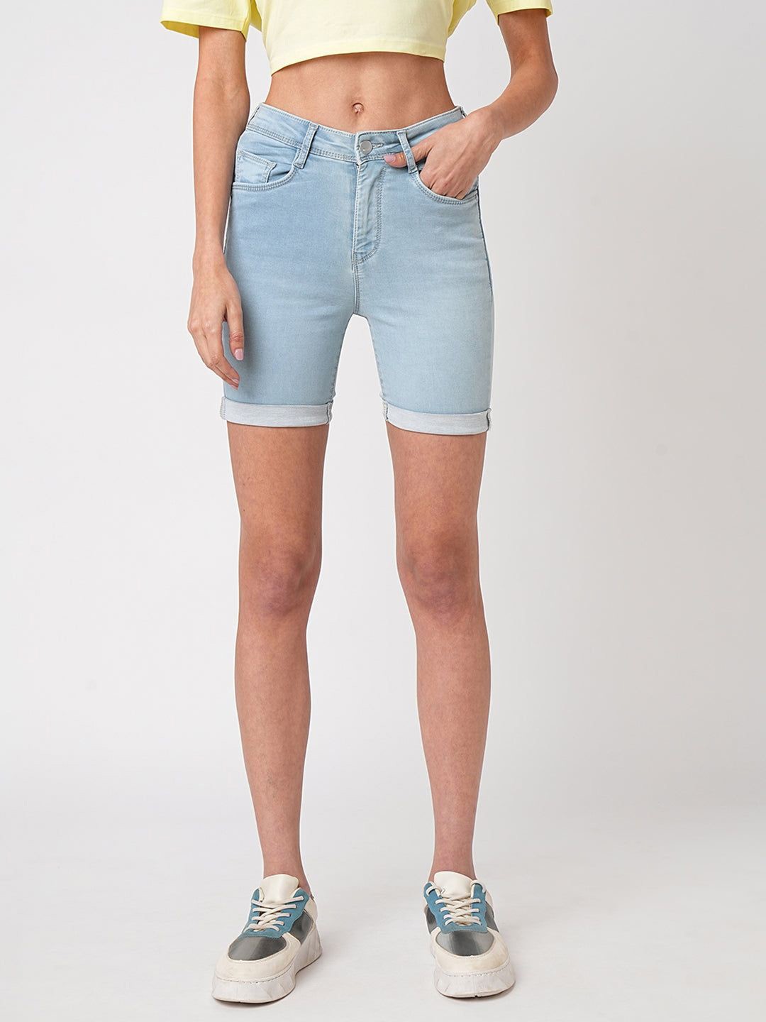 

Kraus Jeans Women Pure Cotton Mid Rise Shorts, Blue