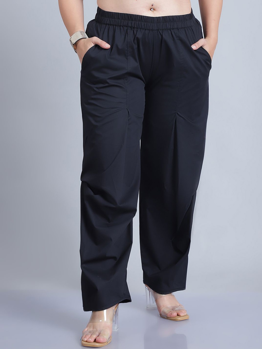 

Baawri Women Regular Fit Mid-Rise Pleated Plus Size Cotton Trousers, Black