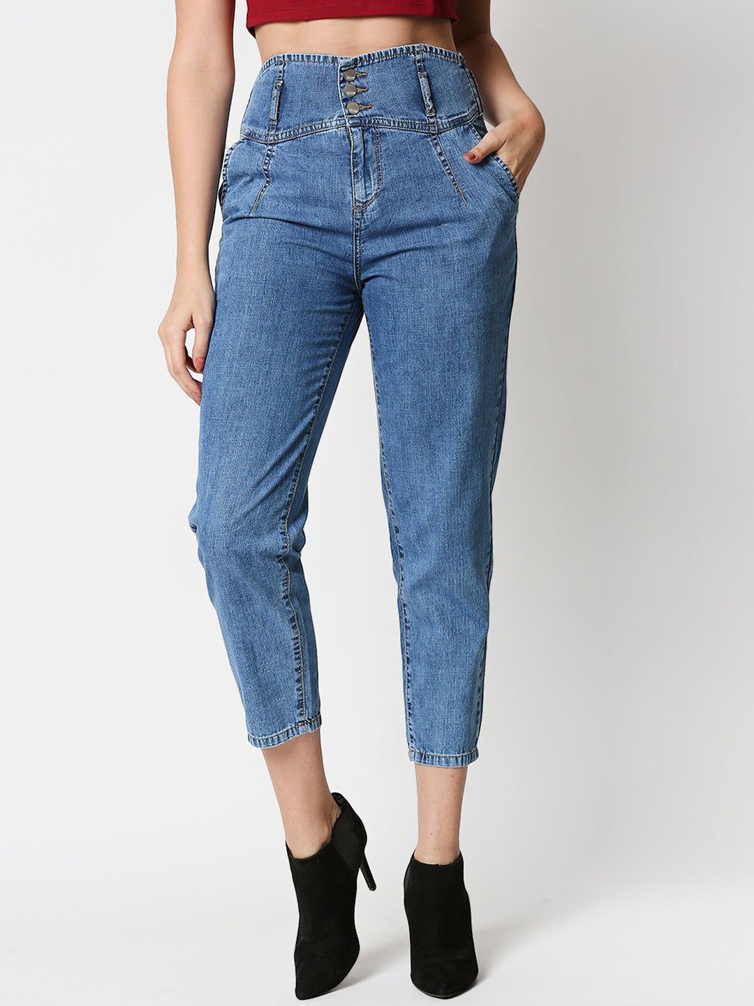 

Kraus Jeans Women Mom Fit High-Rise Low Distress Light Fade Cotton Jeans, Blue