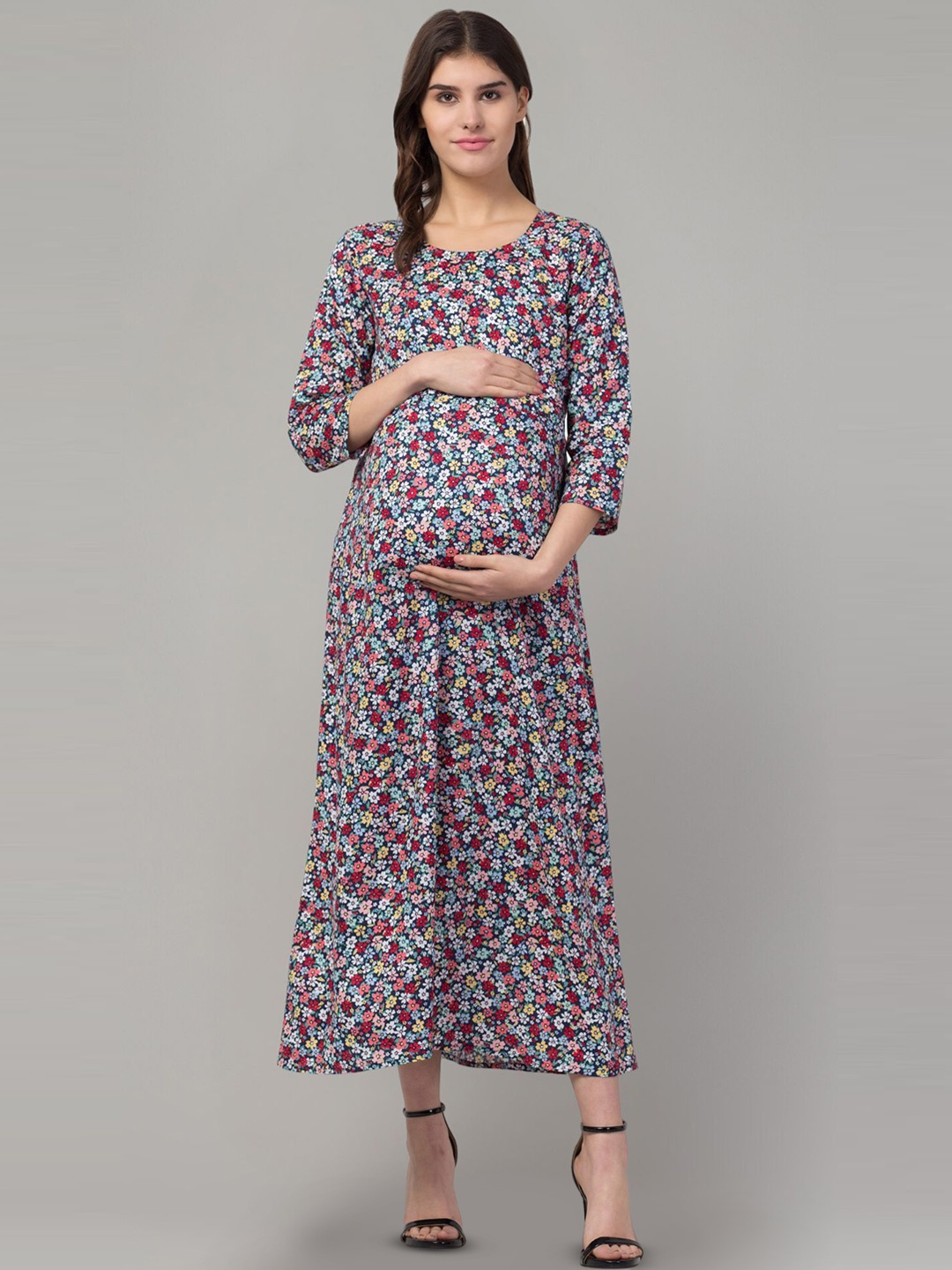 

Zuvino Floral Print Maternity A-Line Midi Dress, Navy blue