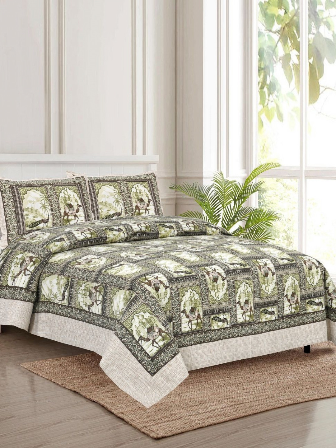 

HOMELINE Green Ethnic Motifs 180 TC King Bedsheet with 2 Pillow Covers- 2.84 m x 2.84 m