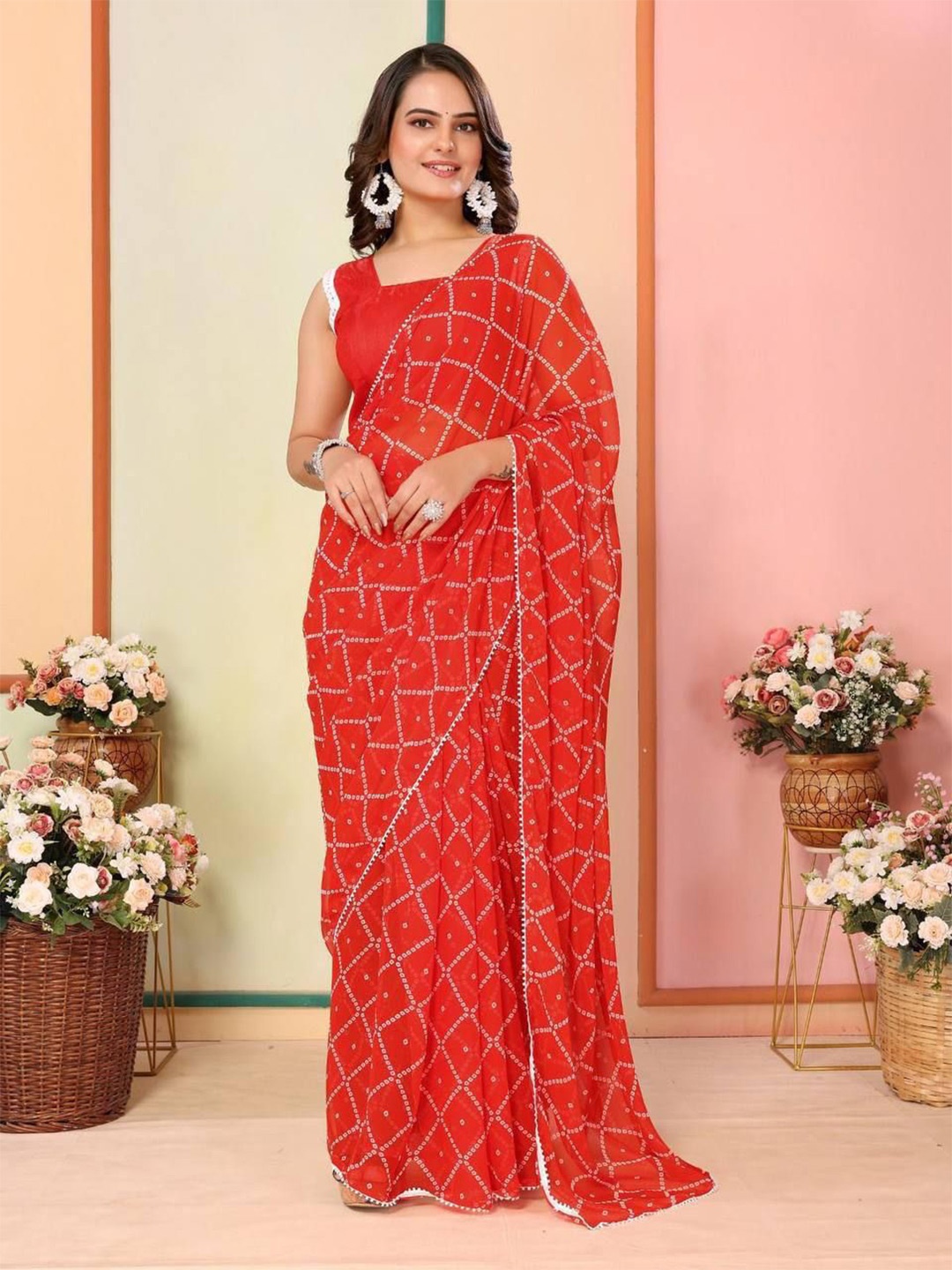 

AWRIYA Bandhani Pure Georgette Ready to Wear Bandhani Saree, Red