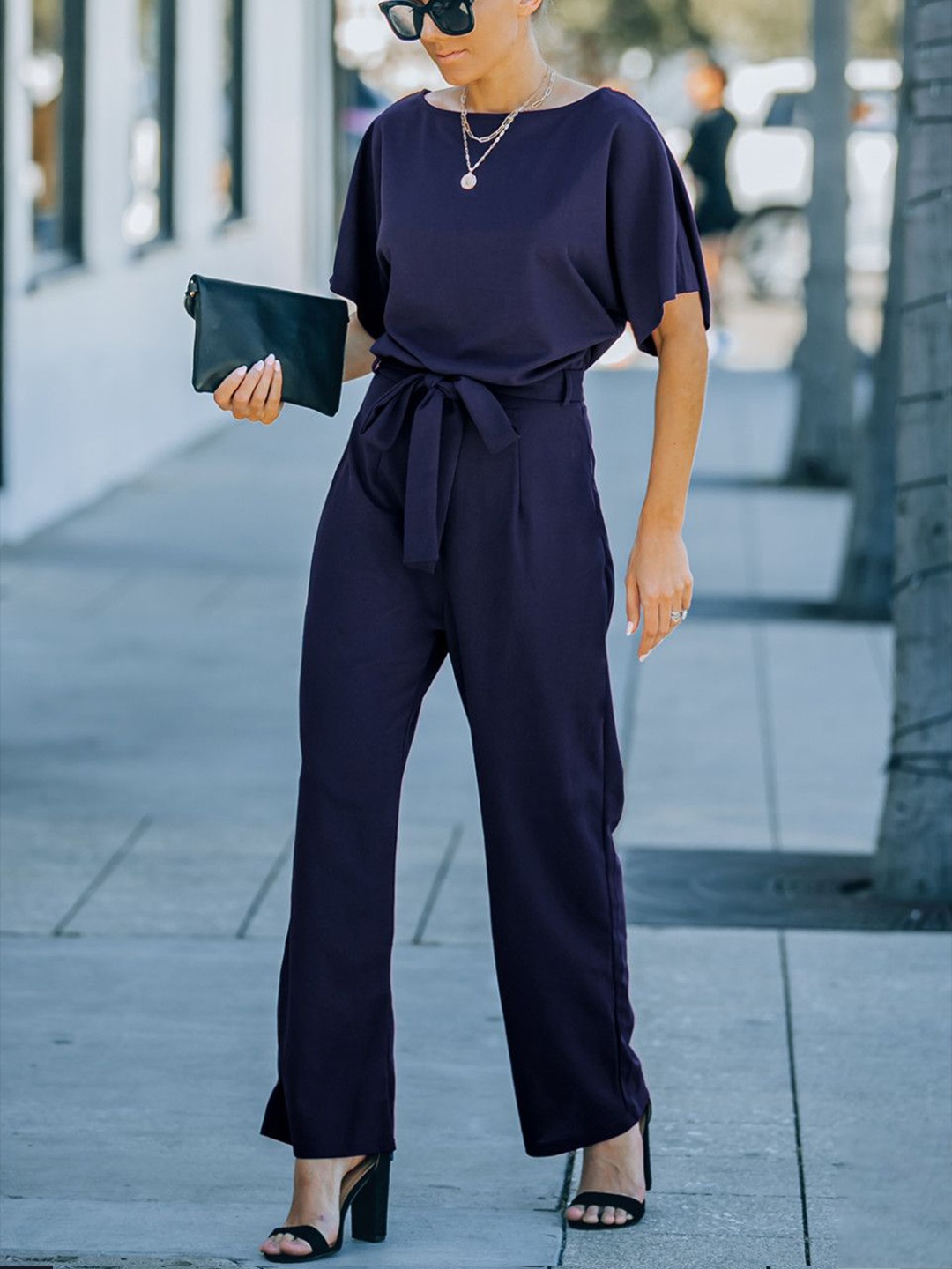 

StyleCast Women Boat Neck Basic Jumpsuit, Navy blue
