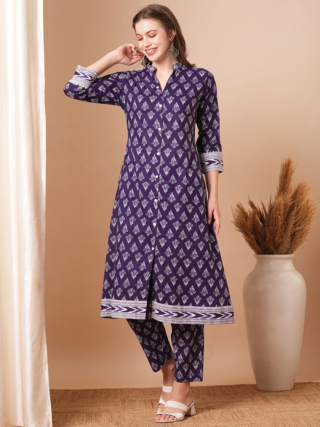 

FASHOR Women Ethnic Motifs Printed A-Line Pure Cotton Kurta With Trousers, Purple