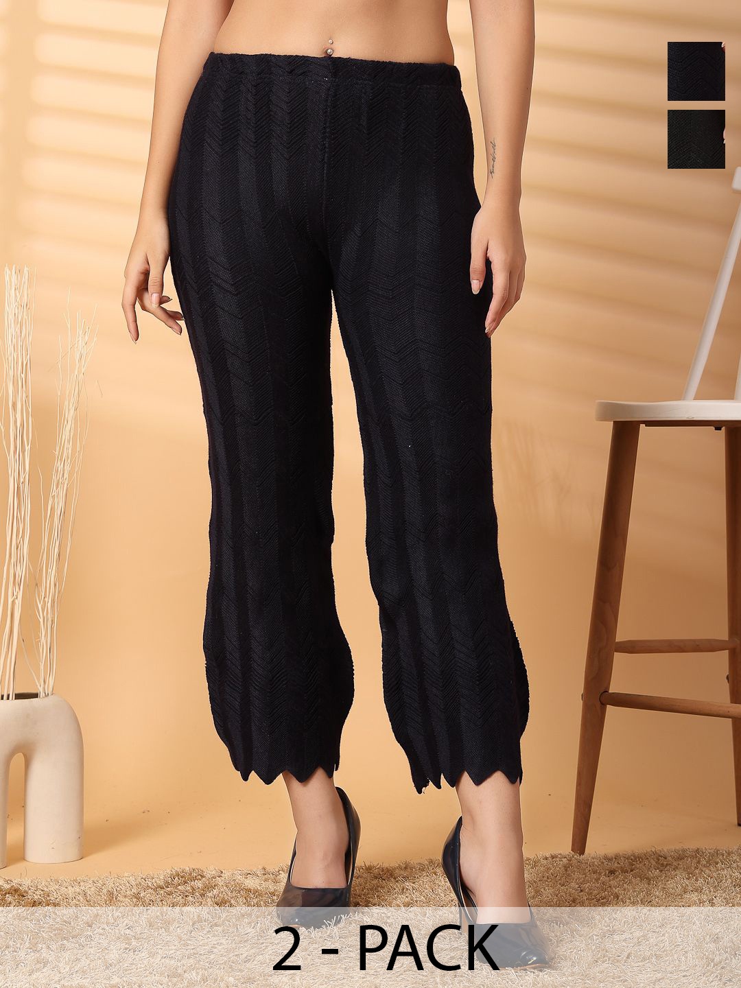 

Clora Creation Women Pack Of 2 Knitted Palazzos, Black