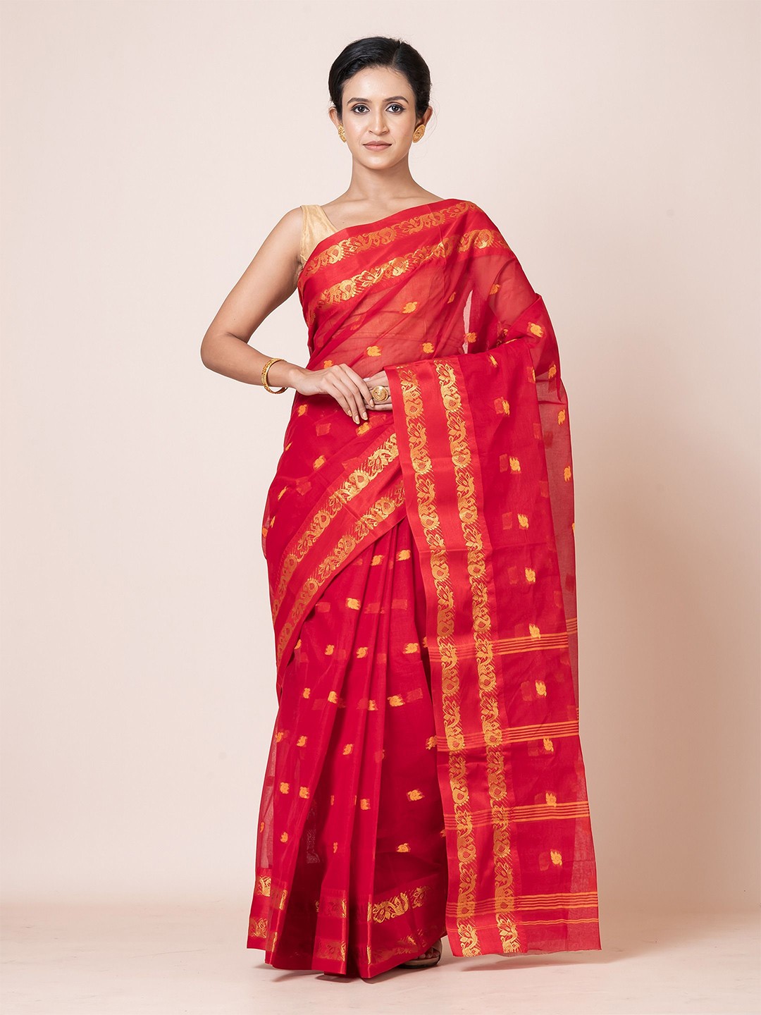 

PUKU Woven Design Zari Pure Cotton Saree, Red