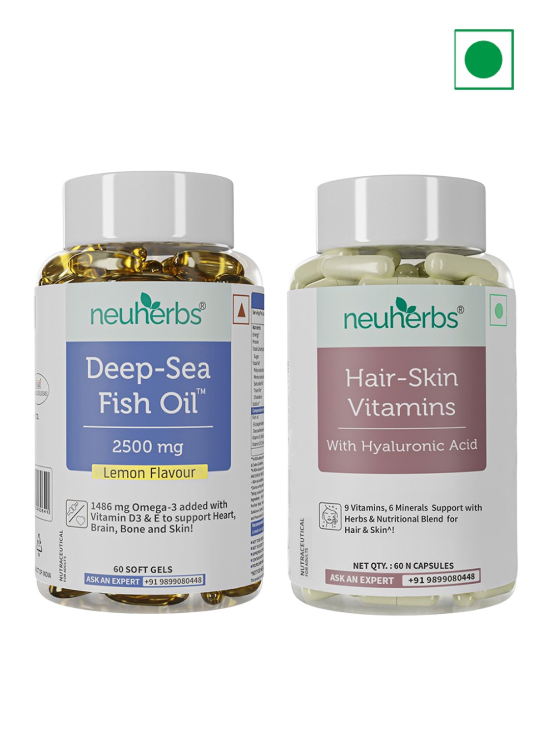 

Neuherbs Set Of 2 Omega 3 Fish Oil 2500mg & Hair Skin Vitamins - 60 N & Softgels, Yellow