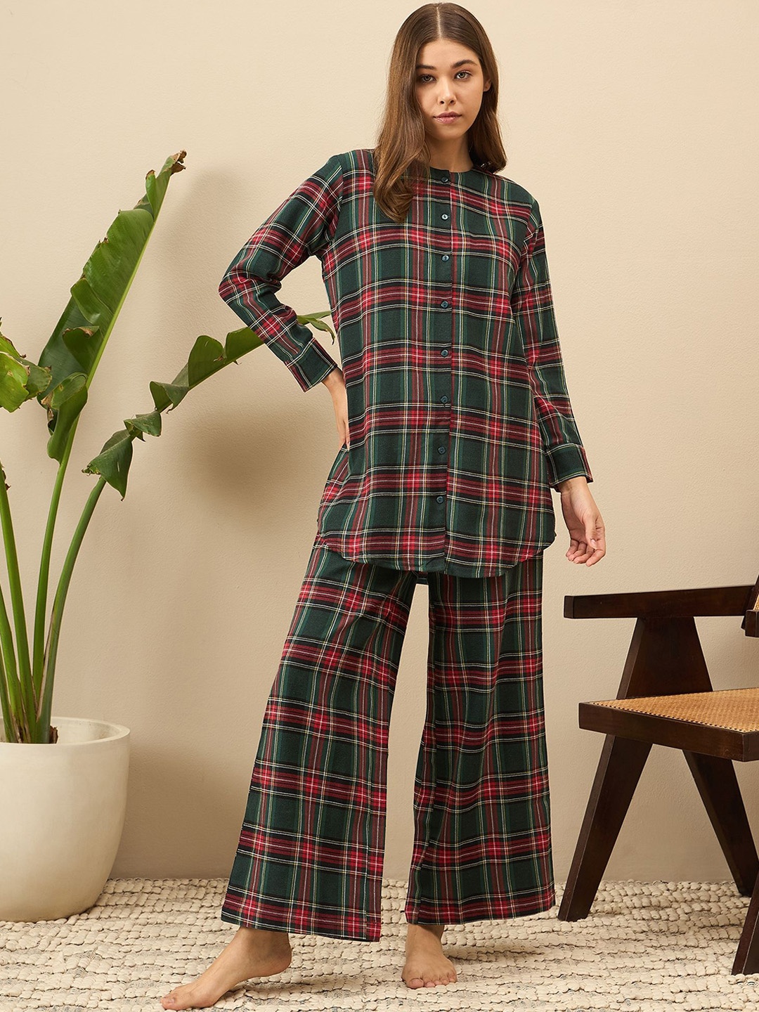 

July Women Checked Pure Cotton Night suit, Green