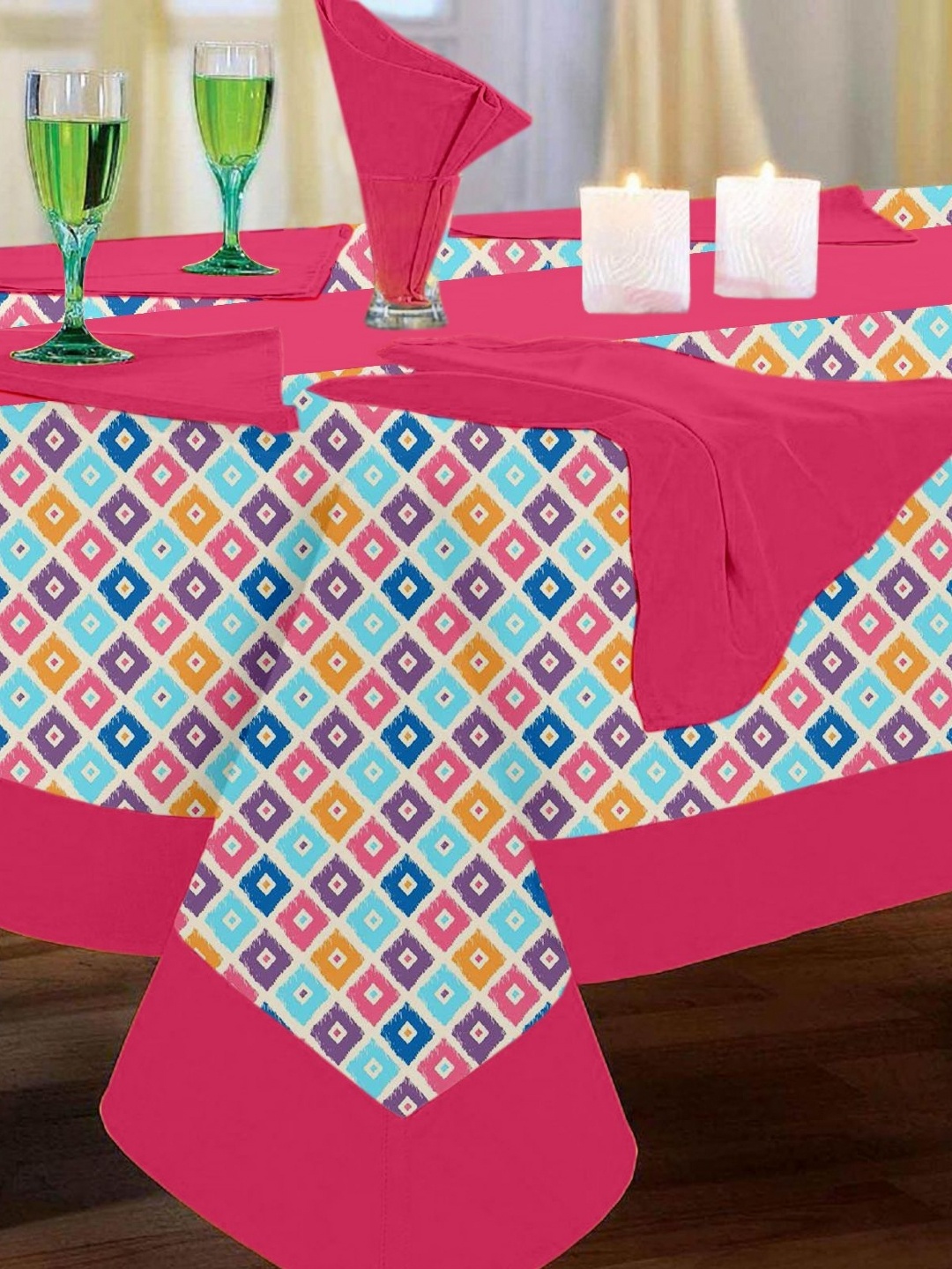 

Lushomes 8-Pcs Pink & Blue Printed Pure Cotton Table Linen Set