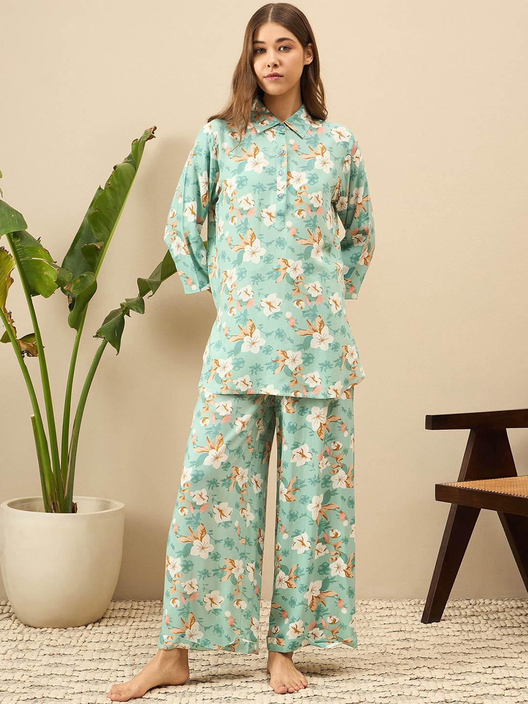 

July Women Floral Printed Night suit, Green