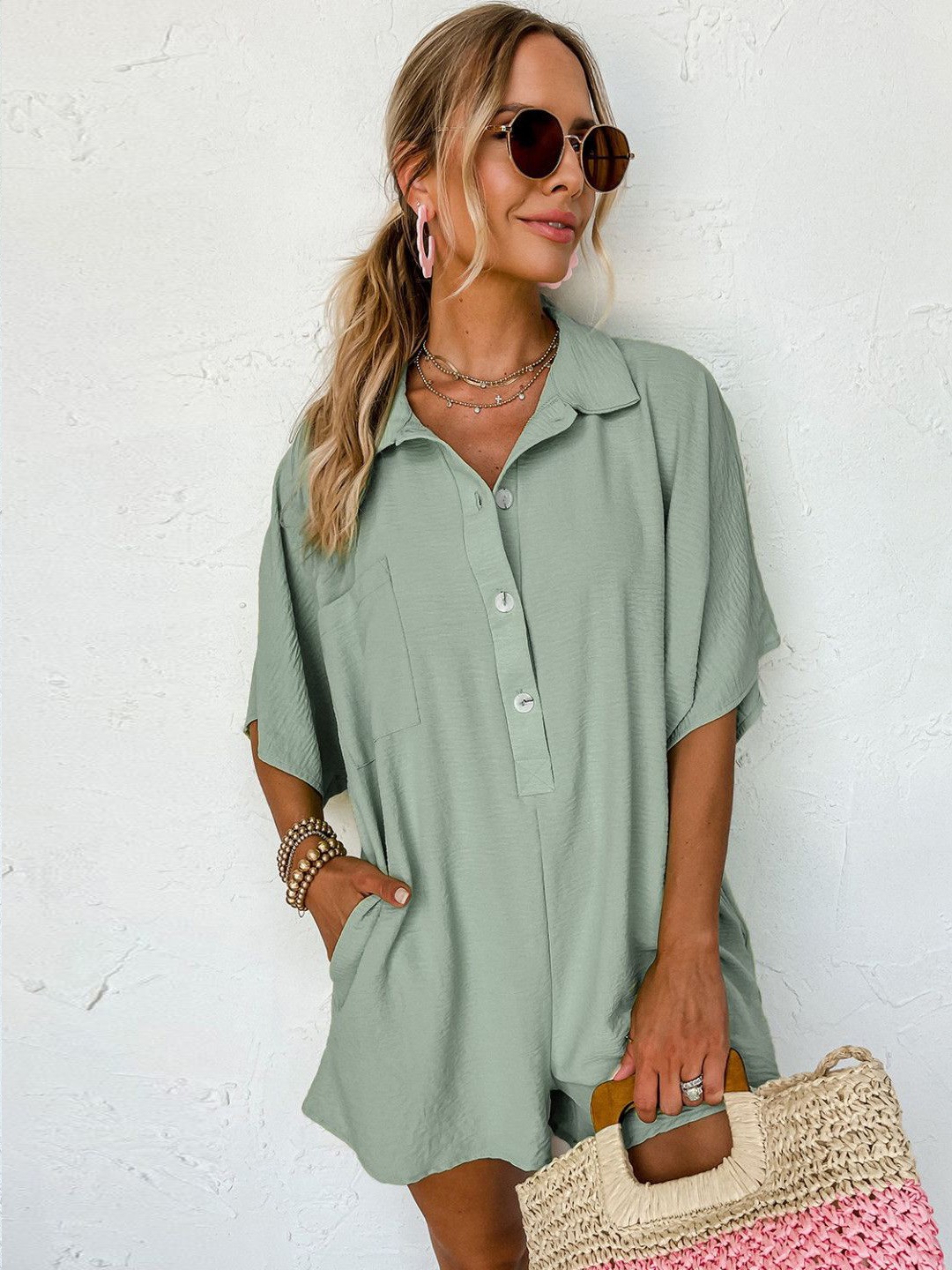 

StyleCast Women Shirt Collar Playsuit, Grey