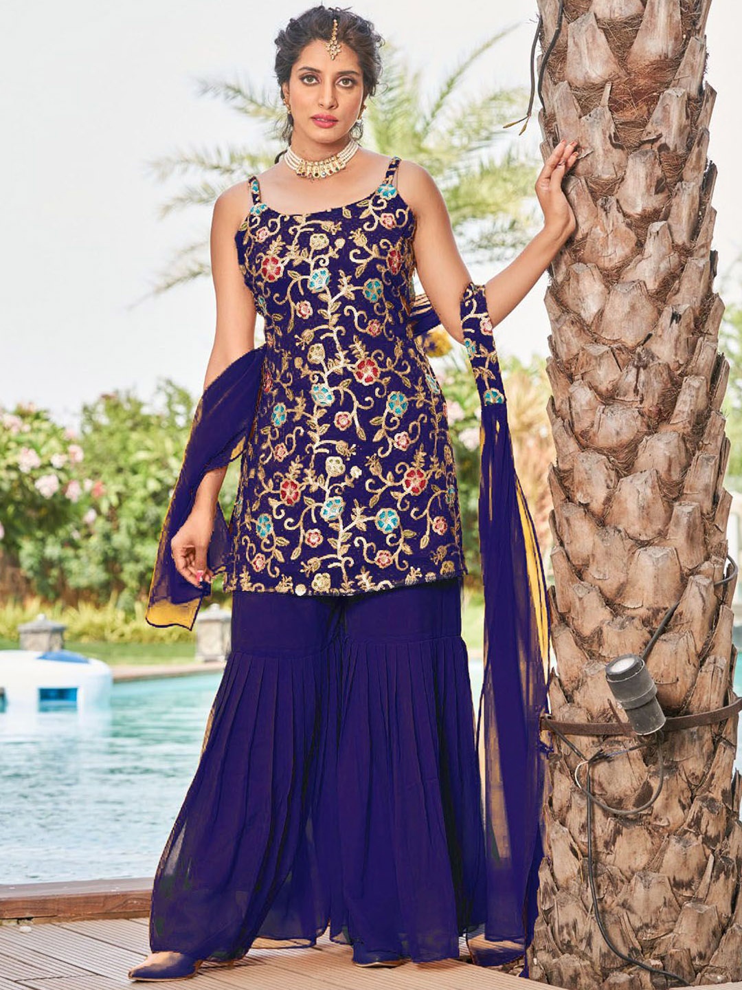 

BLACK SCISSOR Women Regular Sequinned Kurta with Sharara & With Dupatta, Navy blue