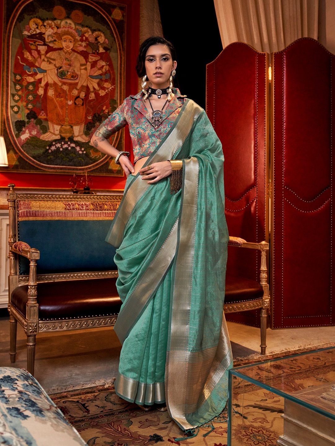 

Ishin Ethnic Motifs Woven Design Zari Saree, Green