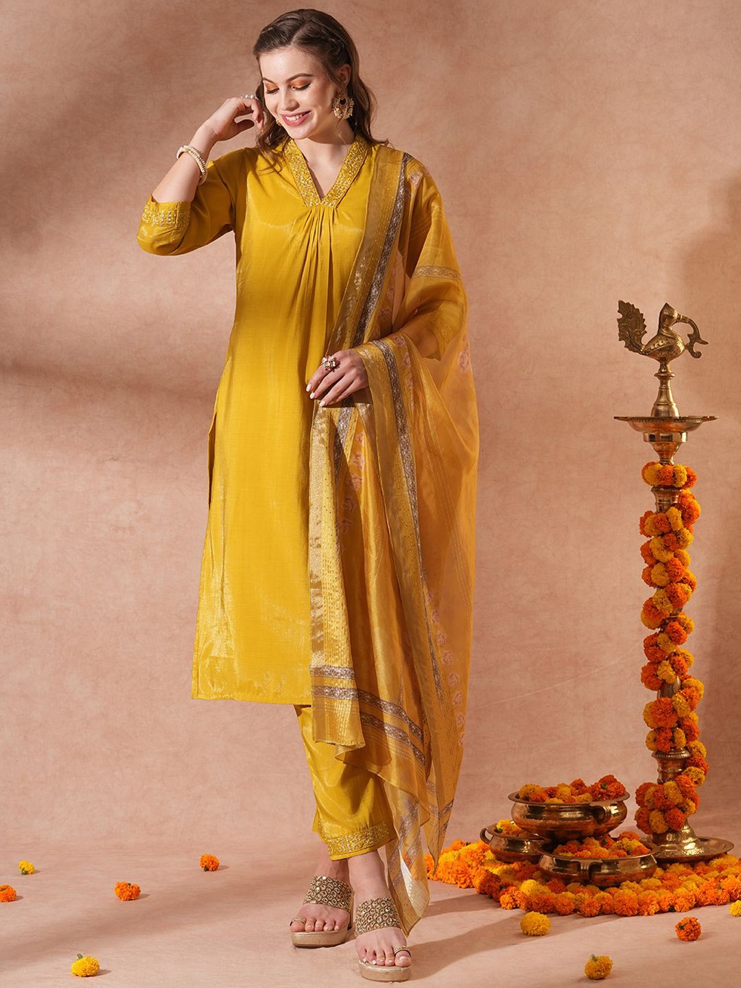 

FASHOR Women Floral Embroidered Kurta With Trousers & Dupatta, Yellow