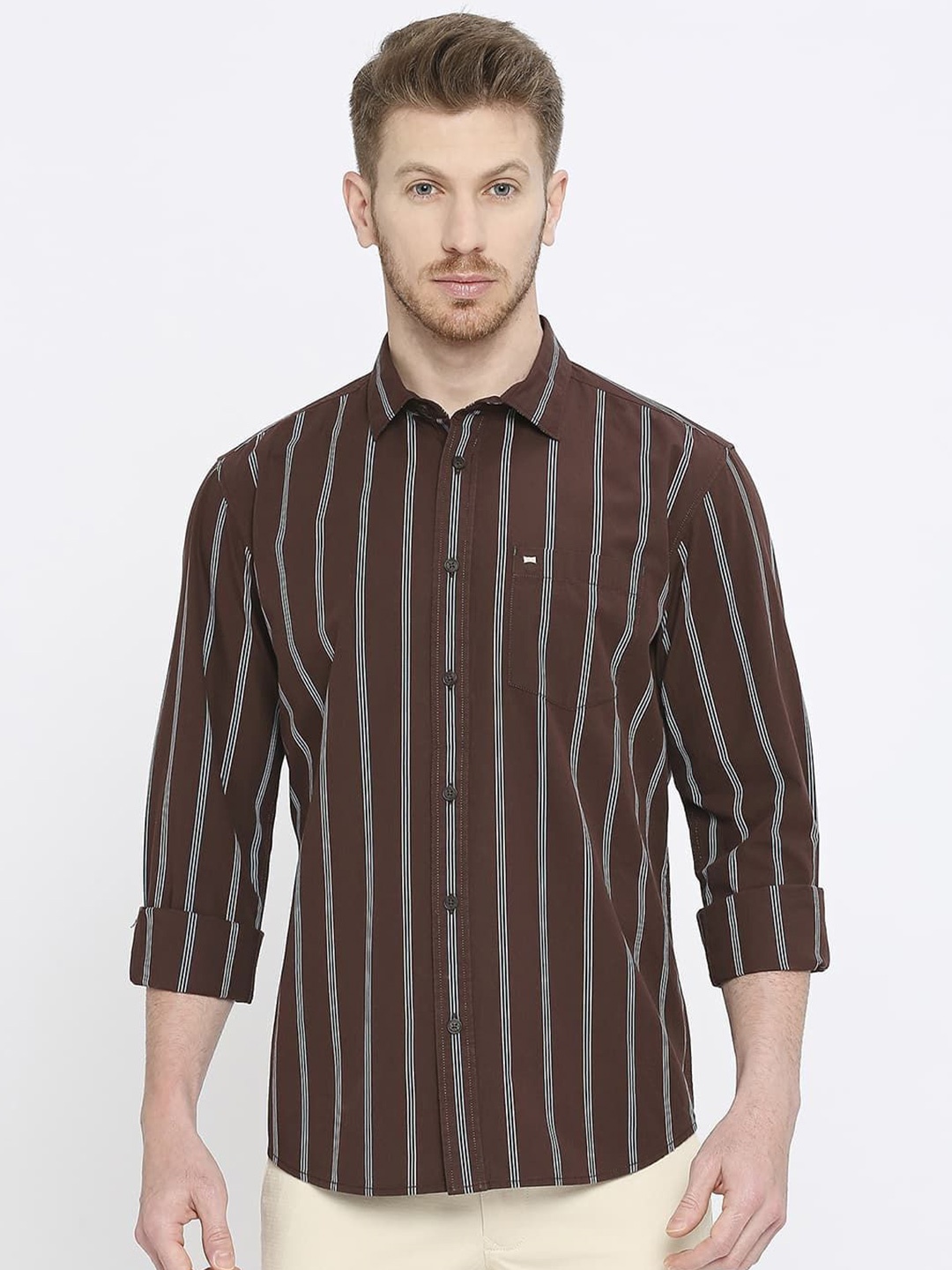 

Basics Men Slim Fit Pinstripes Opaque Striped Casual Shirt, Brown