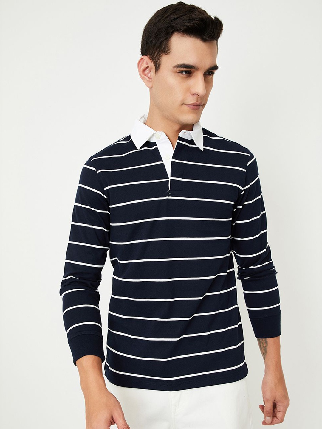 

max Men Striped Polo Collar Monochrome Pockets T-shirt, Blue