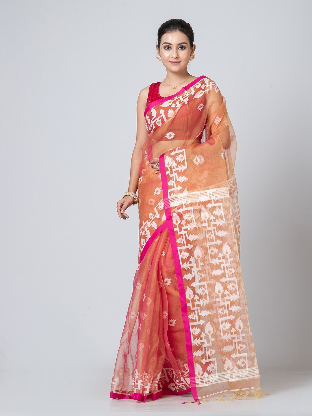 

PUKU Ethnic Motifs Woven Design Jamdani Saree, Orange
