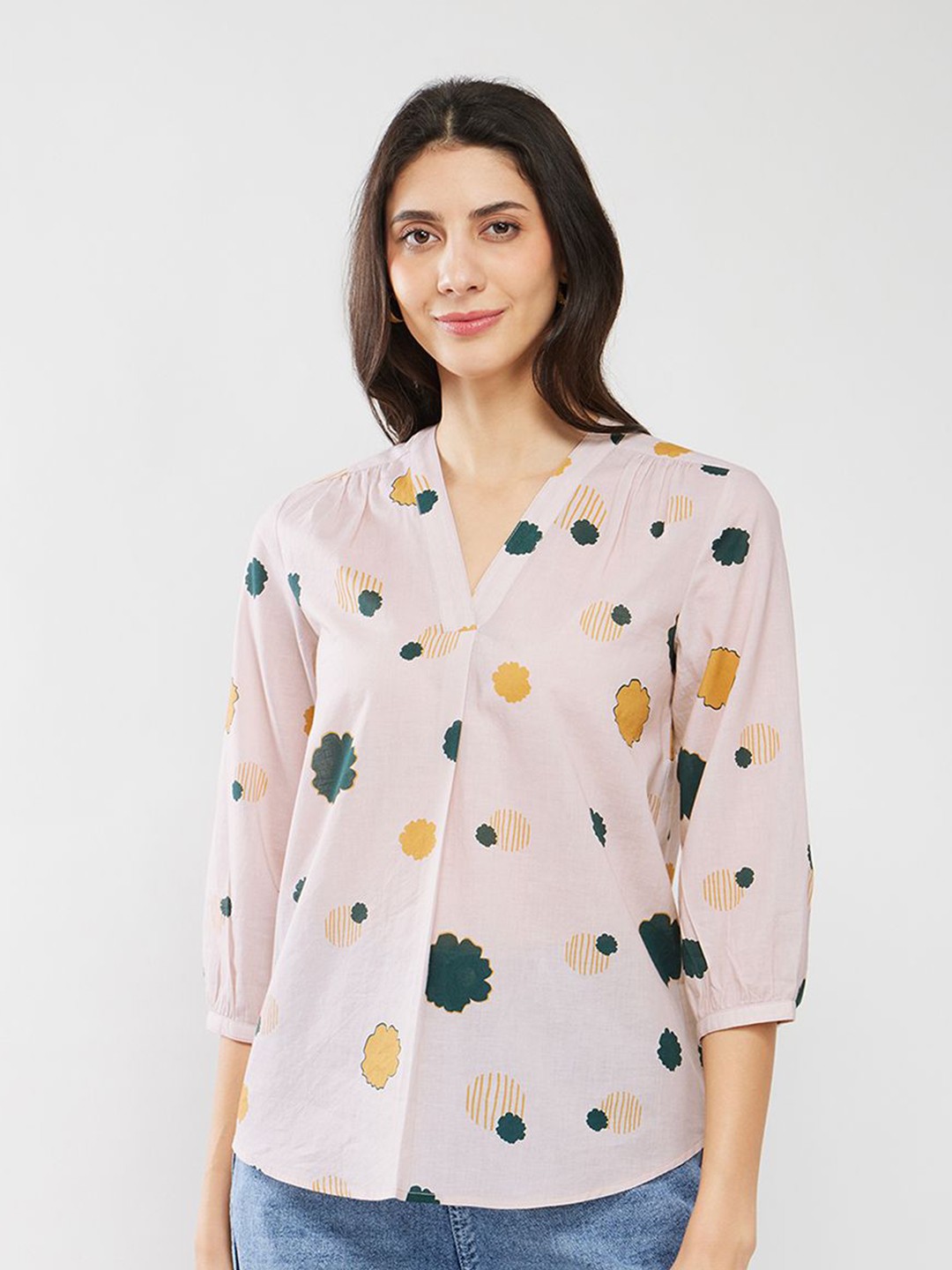 

Pink Fort Floral Print Cotton Top, Beige