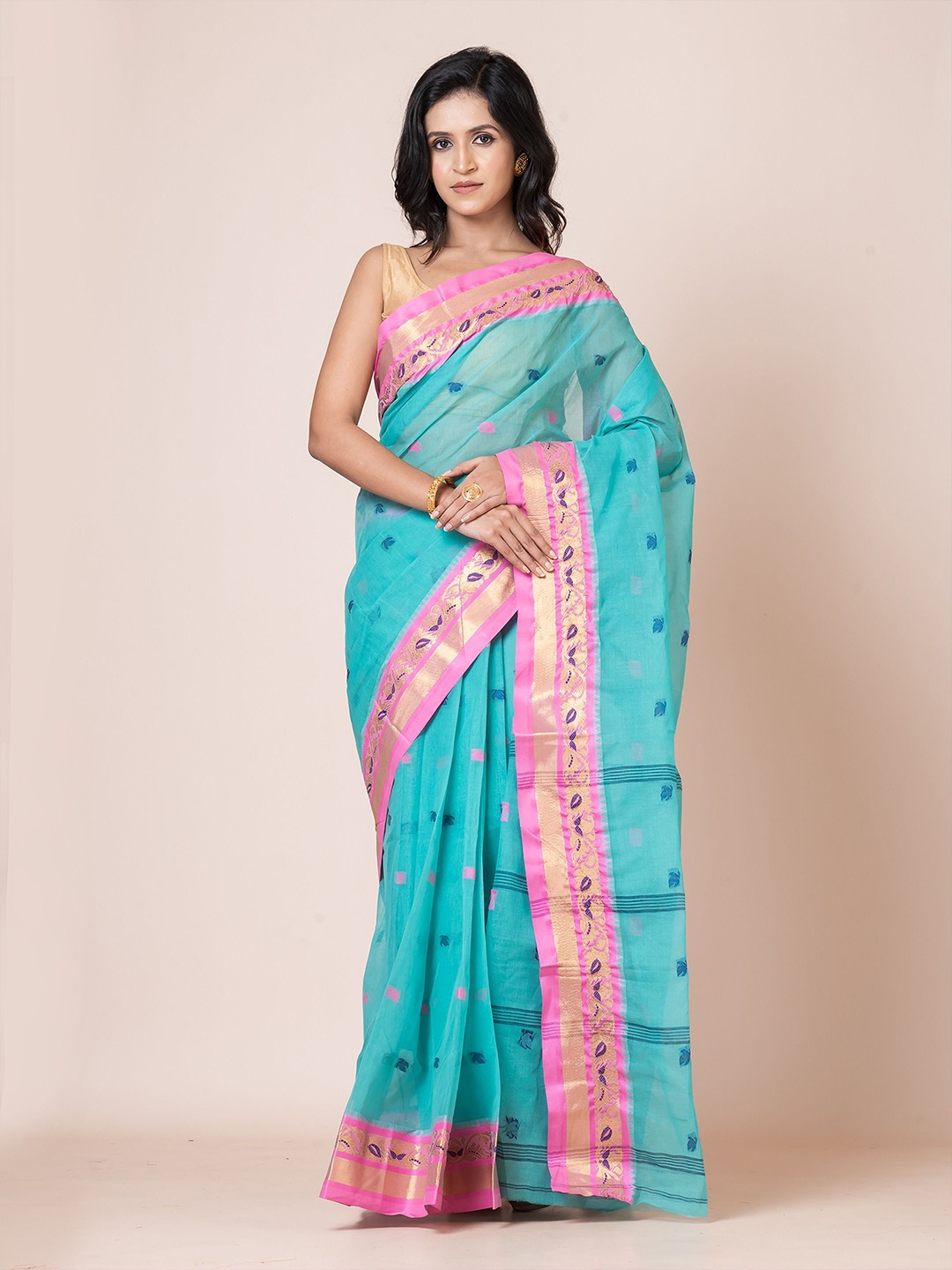 

PUKU Woven Design Zari Pure Cotton Taant Saree, Blue