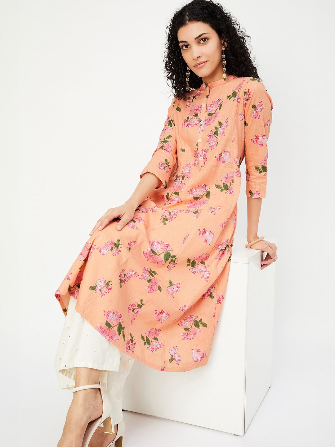 

max Women Floral Printed Thread Work Anarkali Kurta, Orange