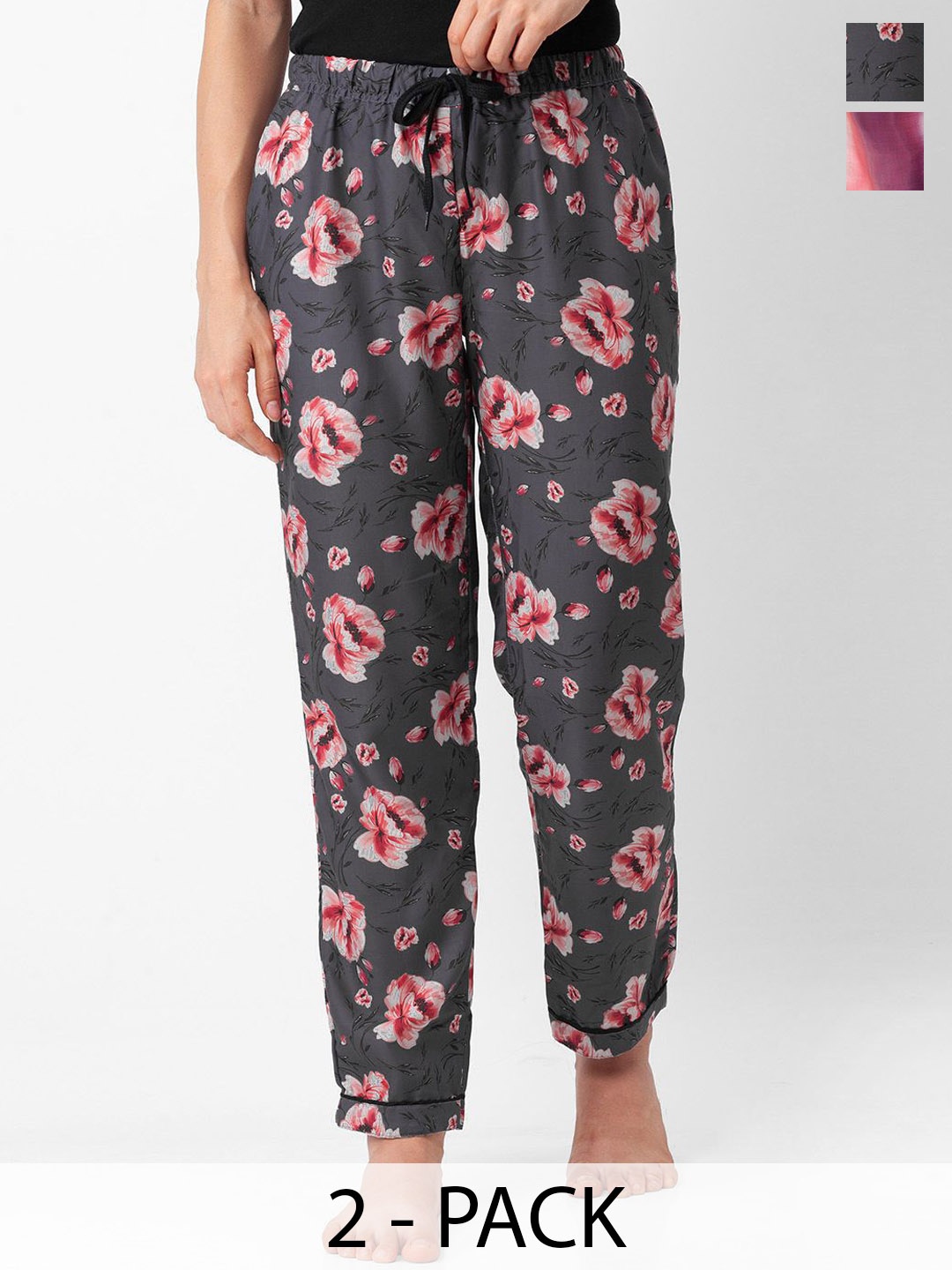 

FashionRack Women Pack Of 2 Printed Mid Rise Lounge Pant, Grey