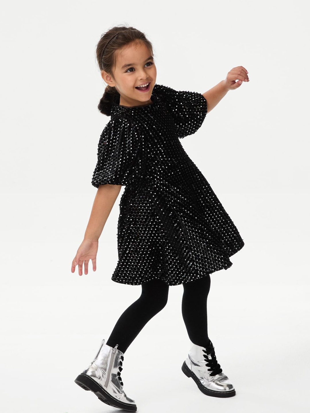 

Marks & Spencer Girls Sequin Embellished Puff Sleeve Fit & Flare Dress, Black