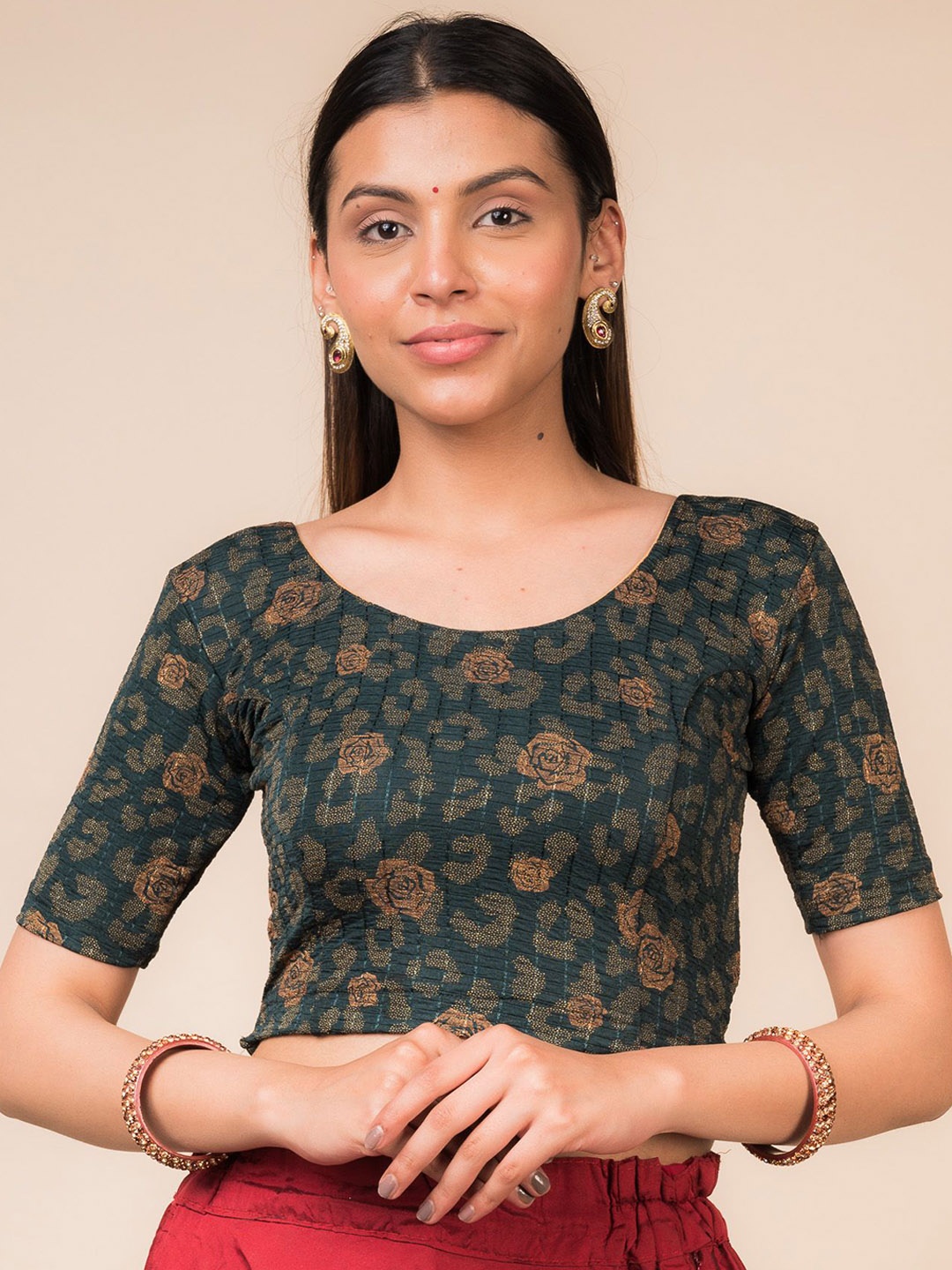 

Bindigasm's Advi Woven Design Stretchable Saree Blouse, Green