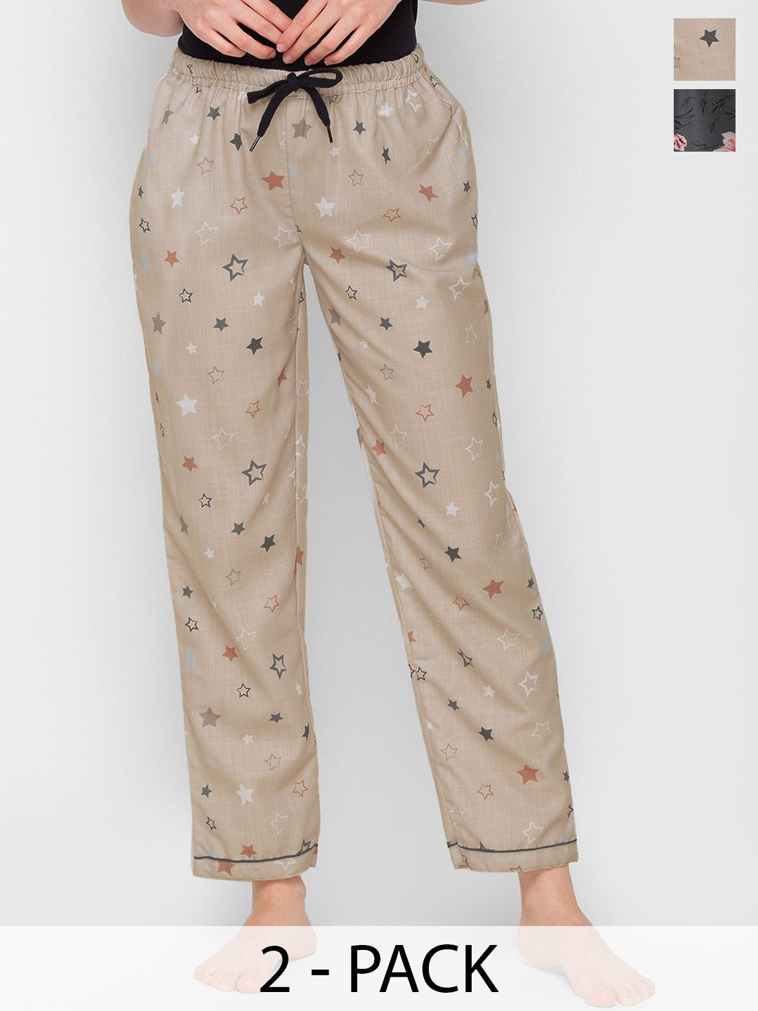 

FashionRack Women Pack Of 2 Printed Mid-Rise Lounge Pant, Cream