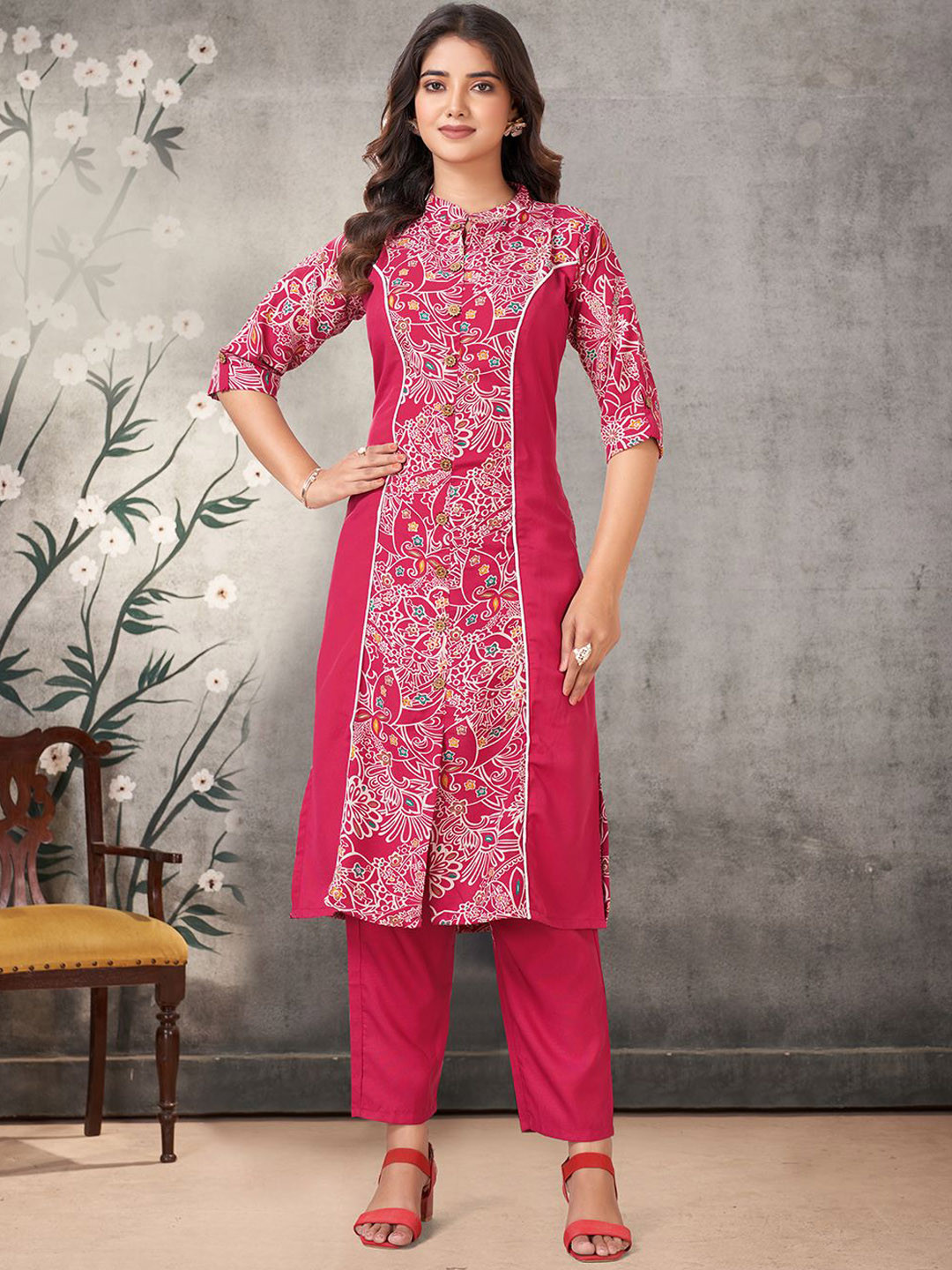 

KALINI Women Ethnic Motifs Printed Regular Kurta with Trousers, Pink