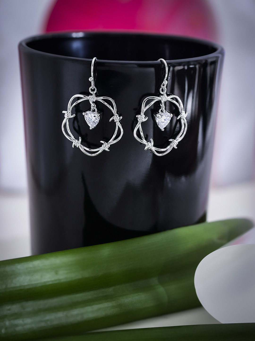 

DIAVO Rhodium Plated 925 Sterling Silver CZ Studded Contemporary Drop Earrings