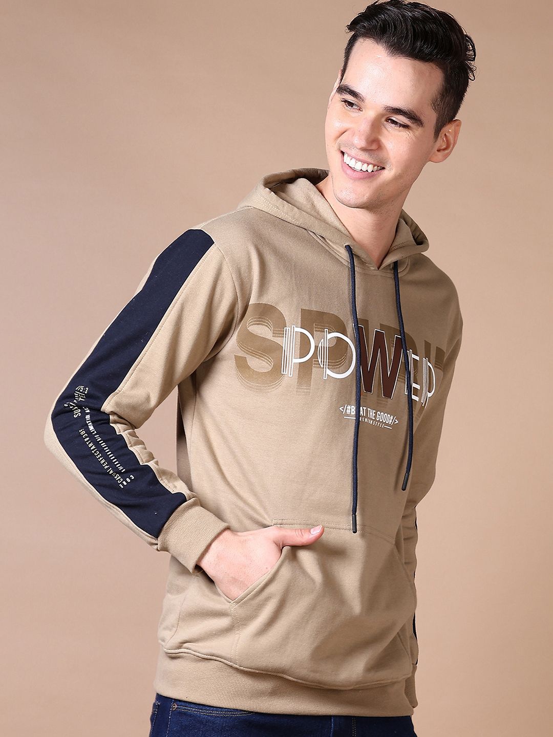 

V-Mart Men Cotton Typography Printed Hooded Pullover Sweatshirt, Khaki